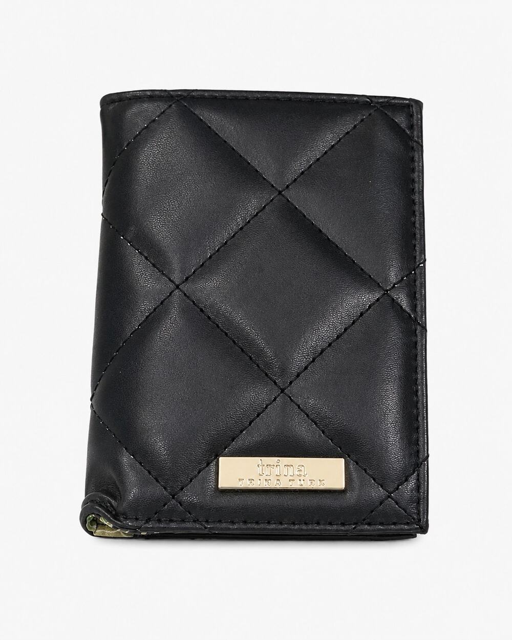 Trina Turk Black Quilted Bifold Wallet Floral Interior 5.5 x 4